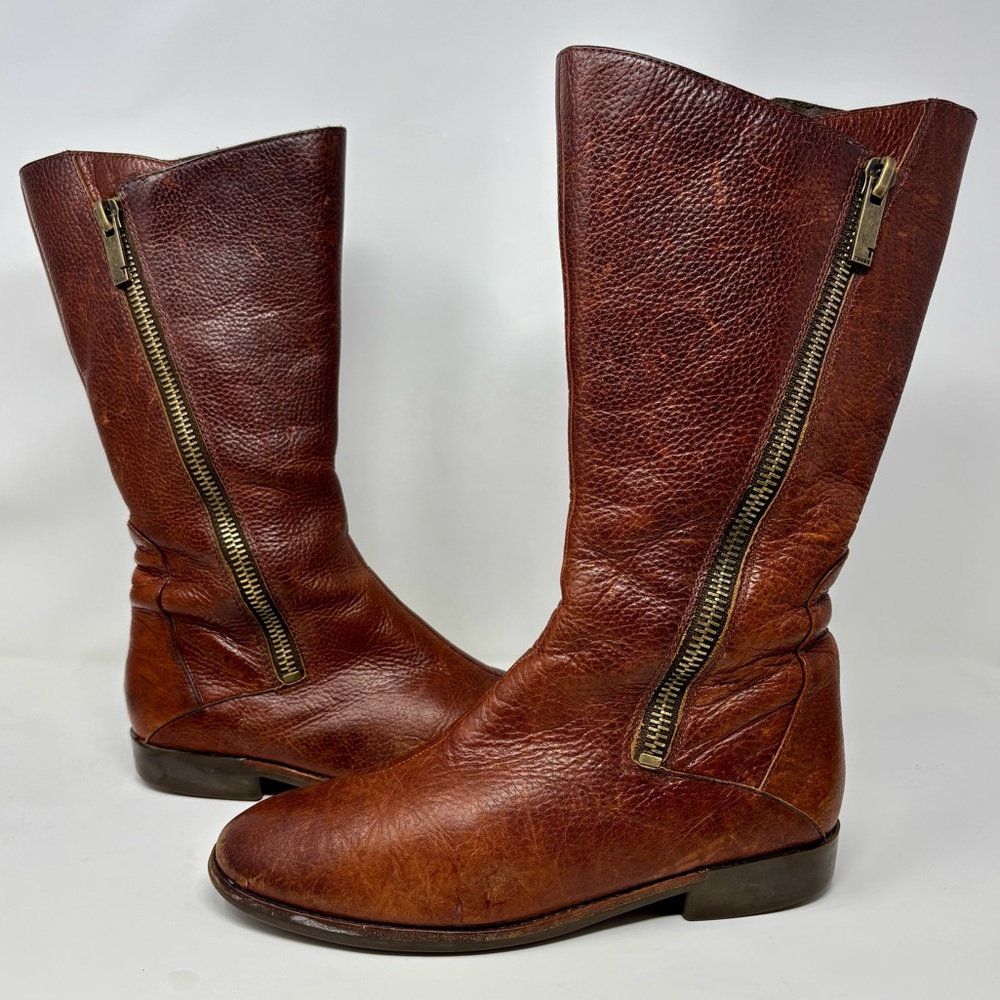 Tsubo Loe Brown Pebbled Leather Side Zip Mid Calf Boots Riding Boho Low Heel